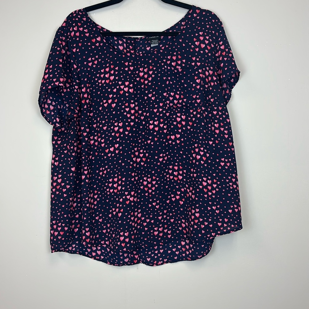 Torrid Navy Blue Heart Print Short Sleeve Blouse Top Button Back Valentines 1X